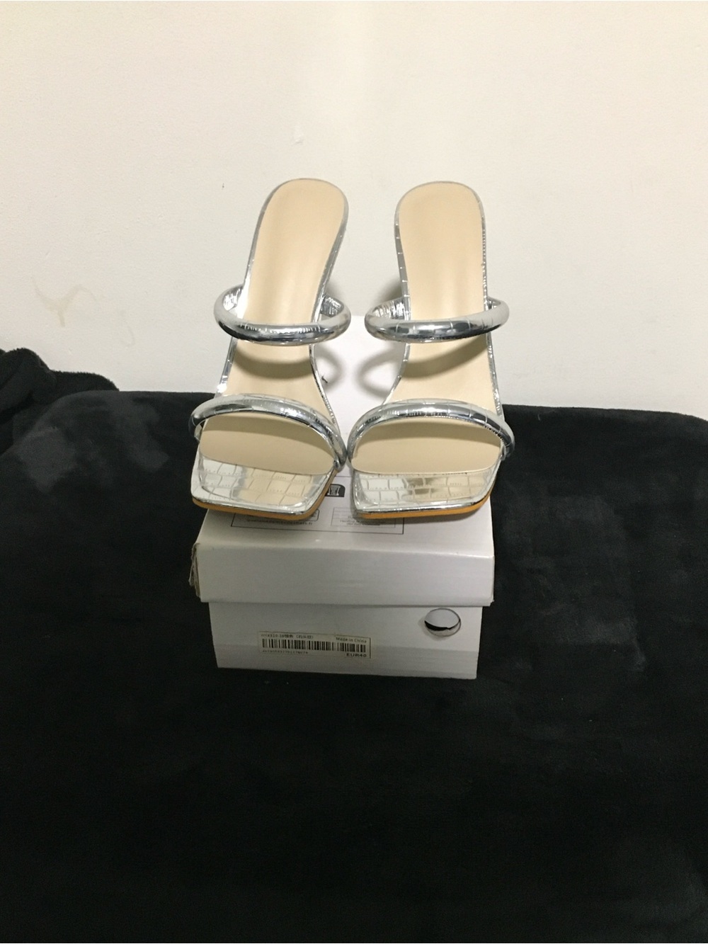 Women's Silver Strappy Slide Heels - Metallic Croc Accent